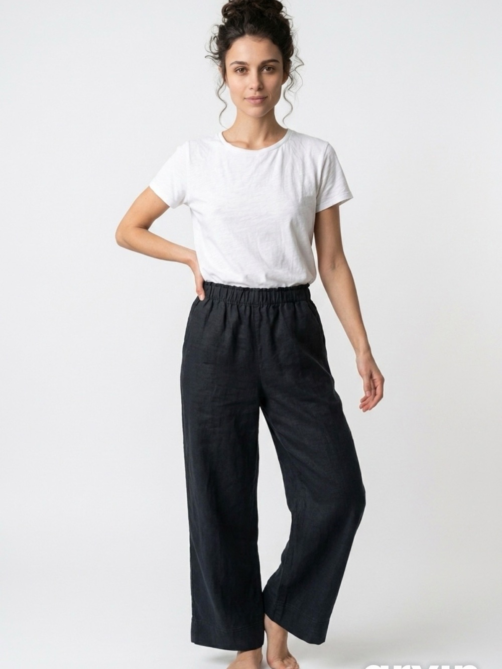 H&M Wide-Leg Elastic Waist Pants, Black, front linen lined pockets, cotton, Sm